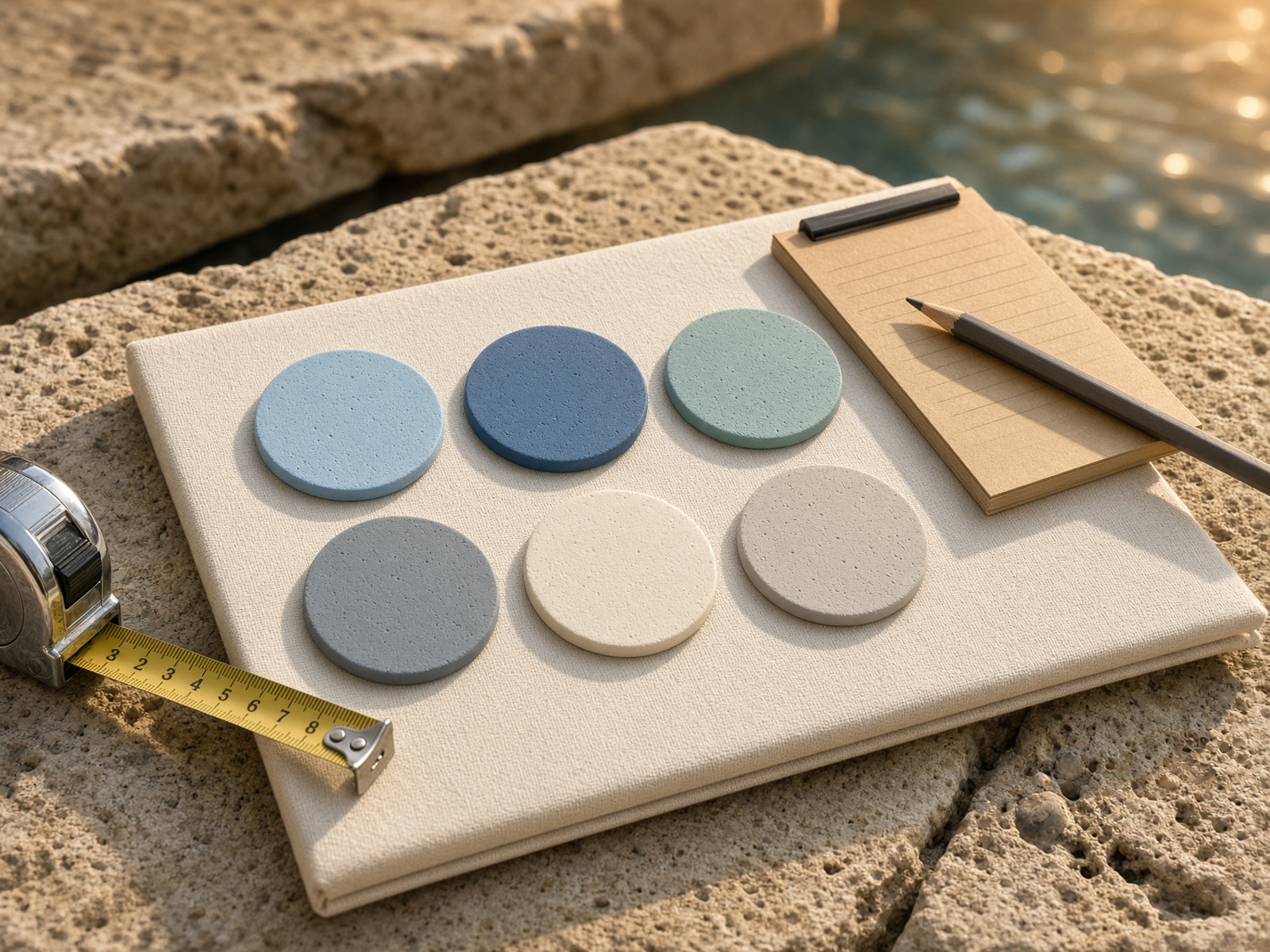 Plaster sample pucks, tape, and notepad on travertine coping