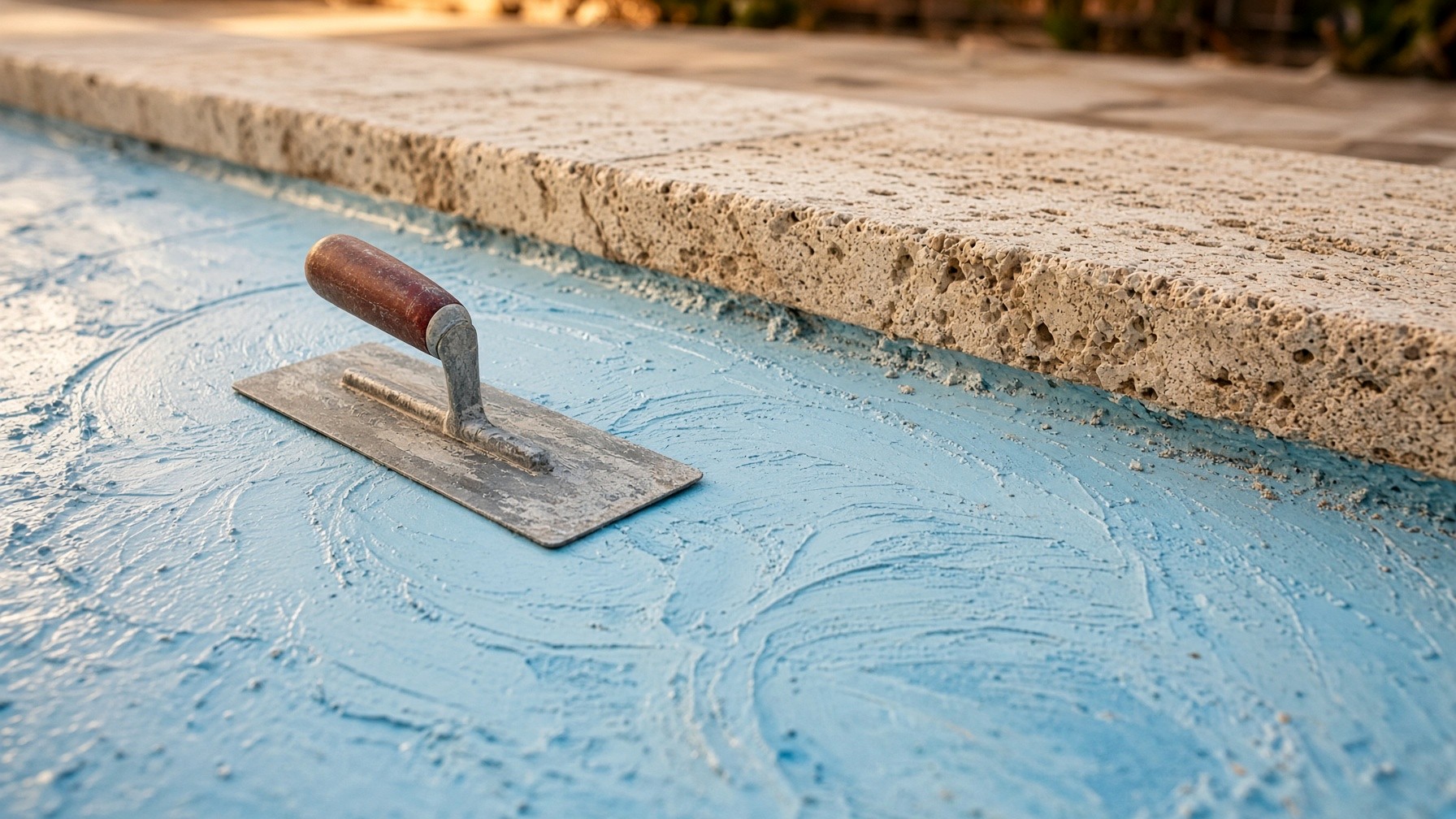Steel trowel on wet pool plaster at the coping, late light