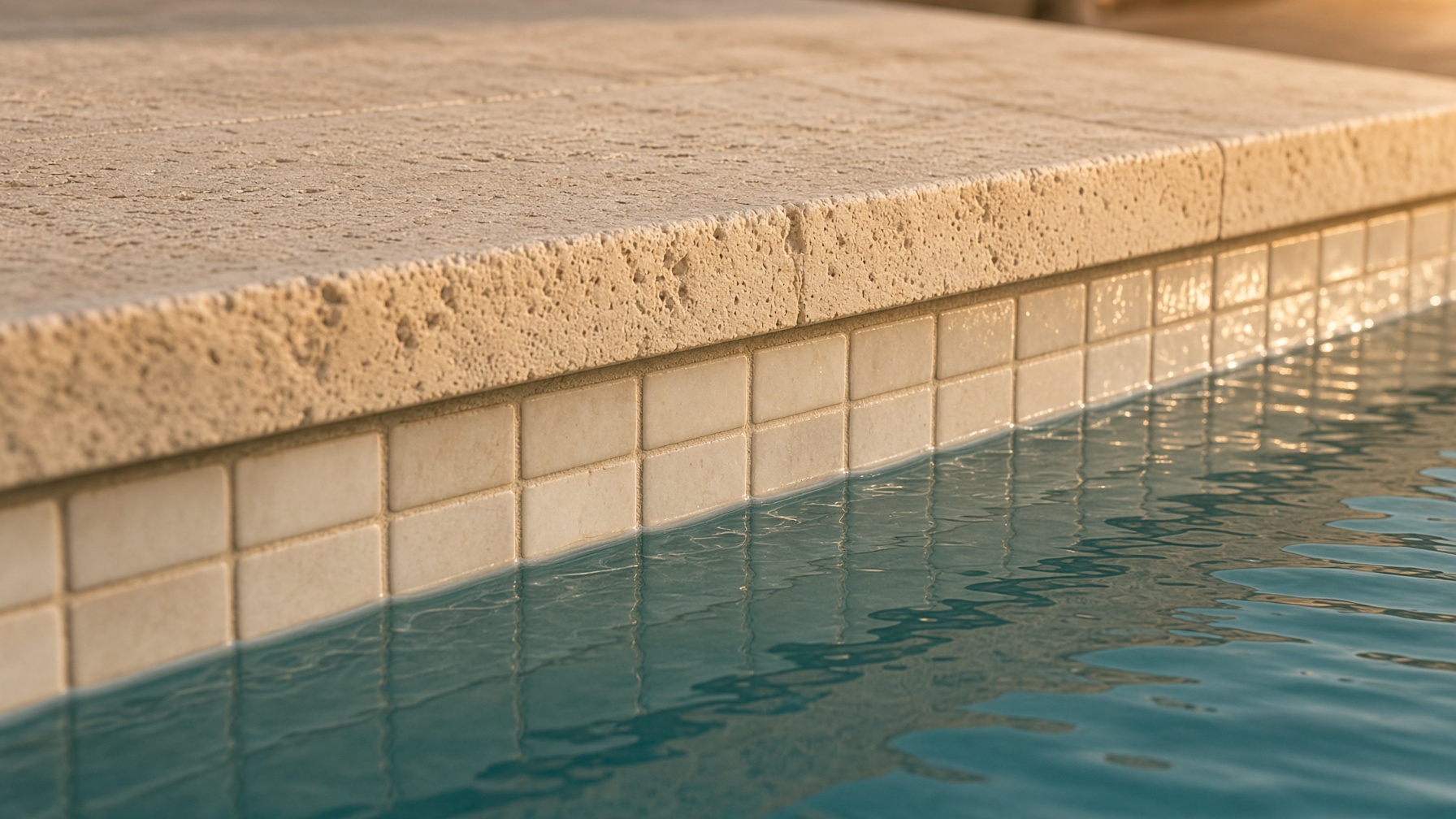 Glazed waterline tile under travertine coping