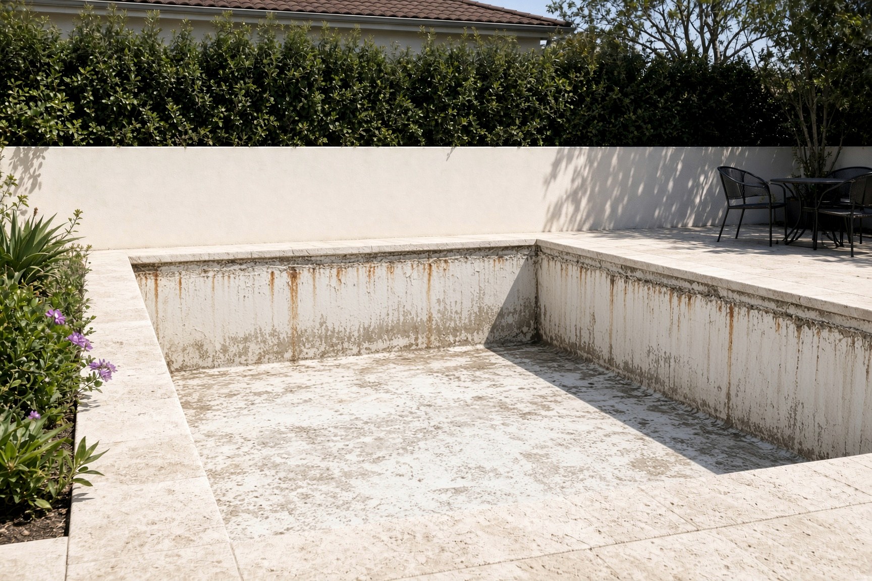 Worn stained plaster pool before resurfacing