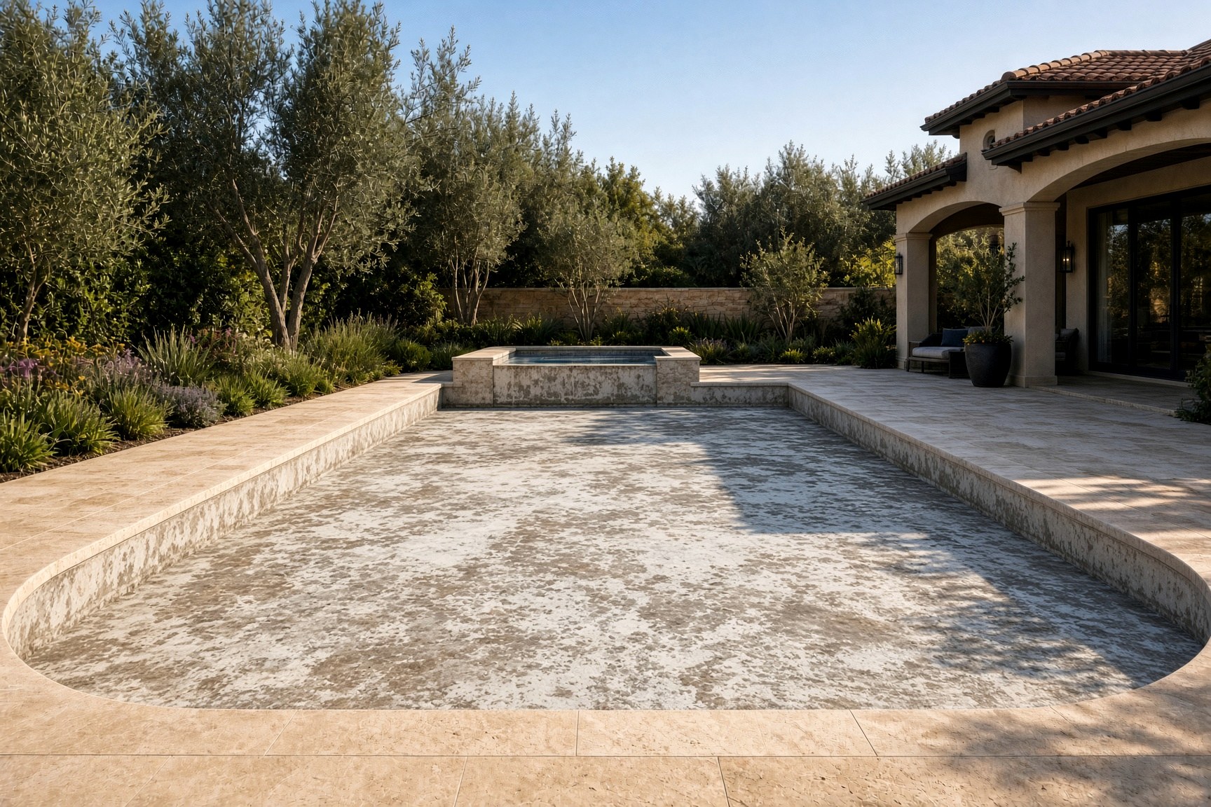 Faded plaster pool before quartz
