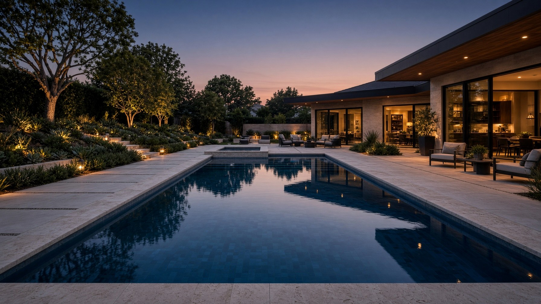Finished pool at dusk, looking toward the house