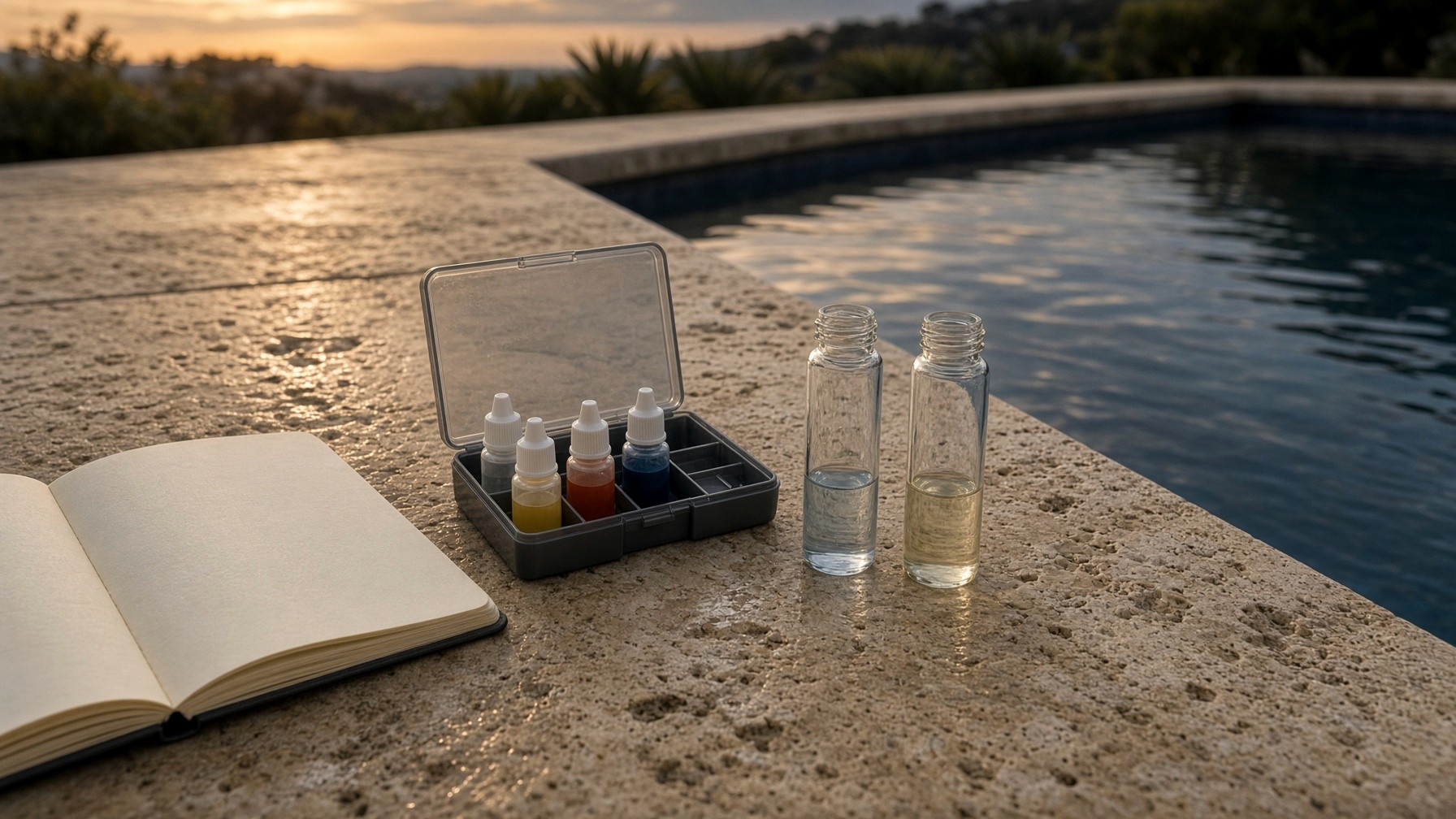 Pool chemistry vials and a notebook on wet travertine at dusk
