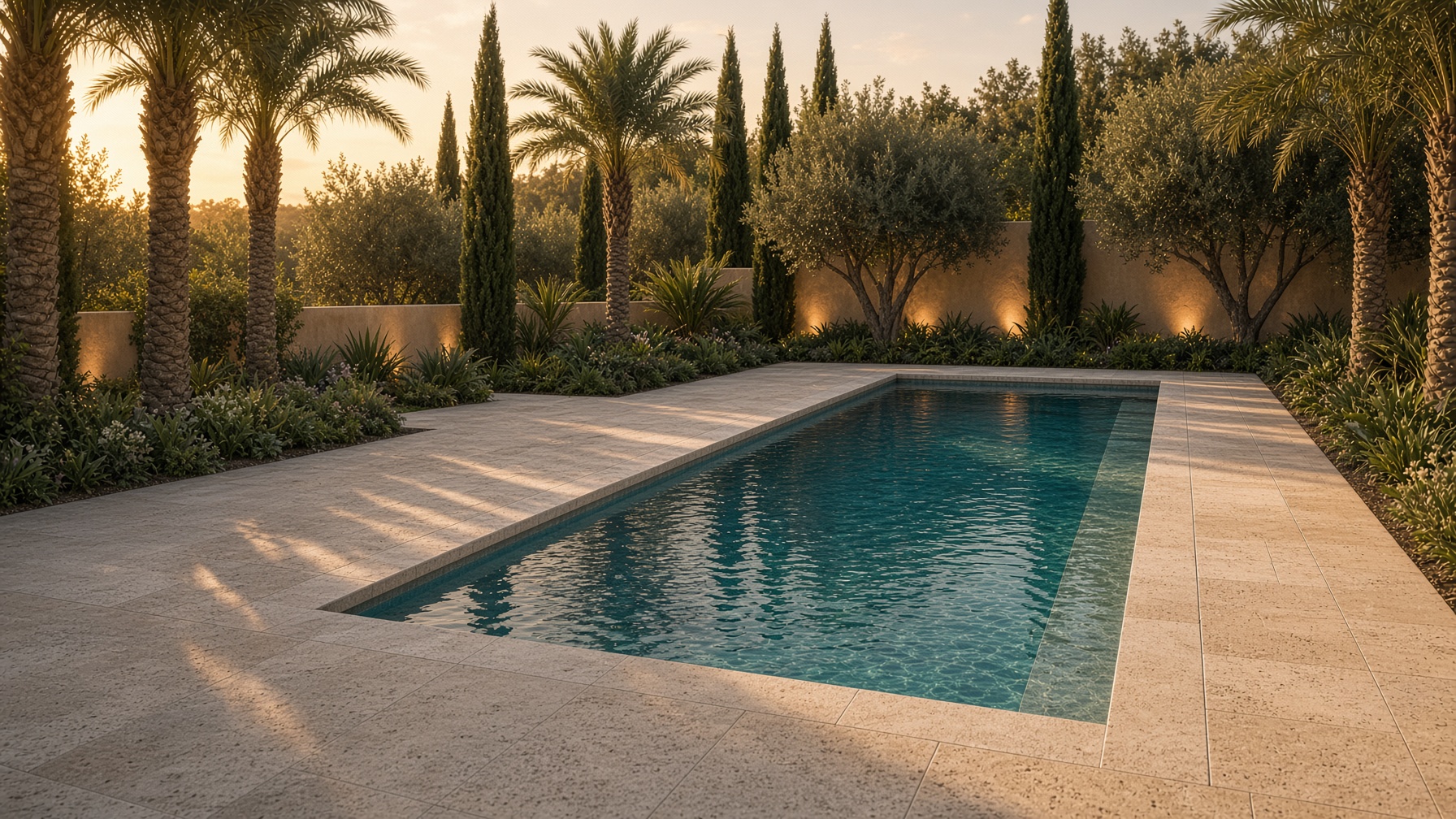 Golden hour light across a backyard pool